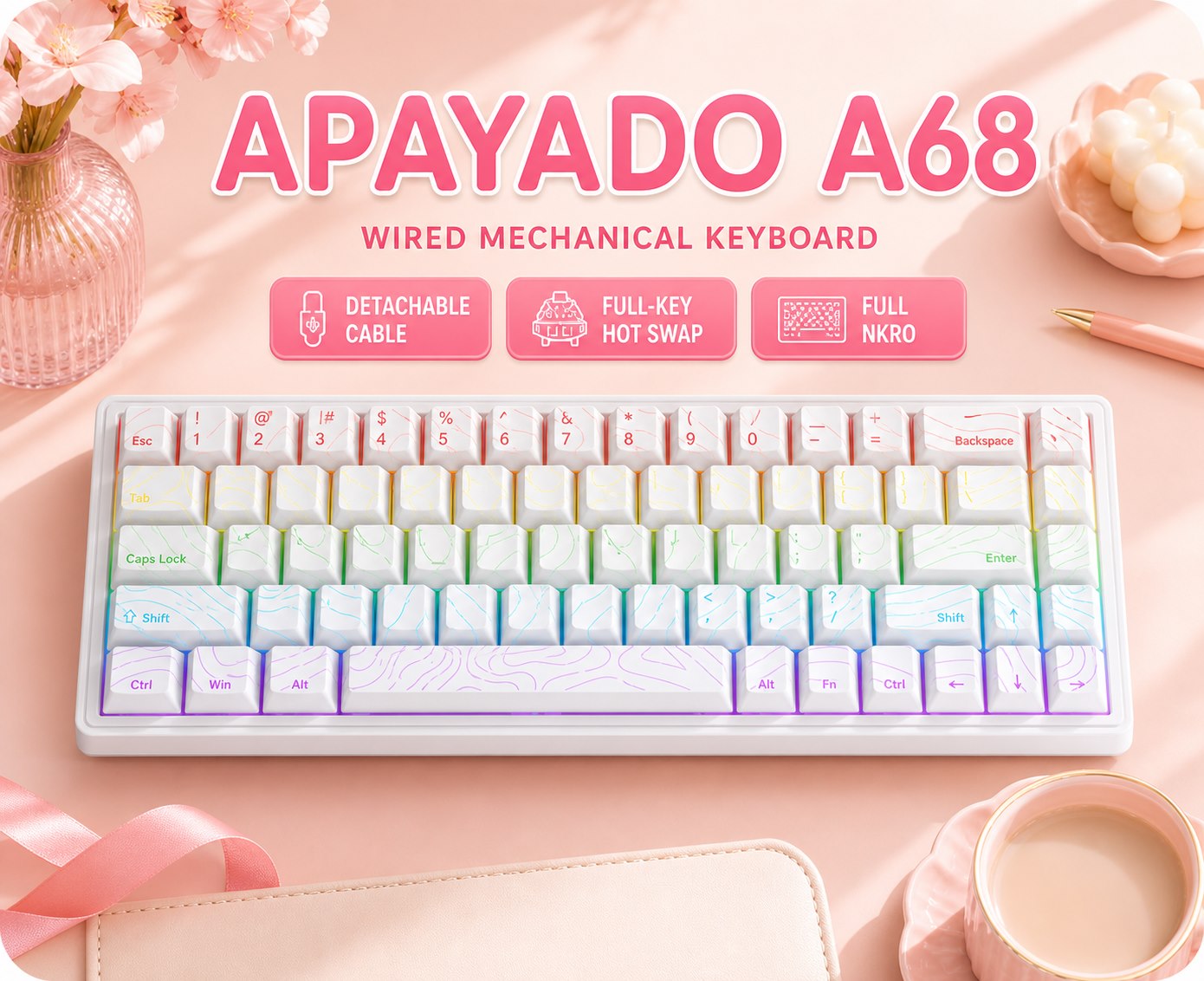 Gaming Keyboard Blue Switches - APAYADO A68 有線メカニカルキーボード、ホットスワップ対応、青または赤スイッチ、RGB