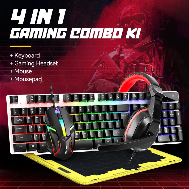 Gaming Keyboard Mouse Set - 新しいUSBキーボードとマウスのゲーミングヘッドセットコンボ 4 in 1 英語ゲーミング有線キーボードマウスセット（マウスパッドとヘッドホン付き）