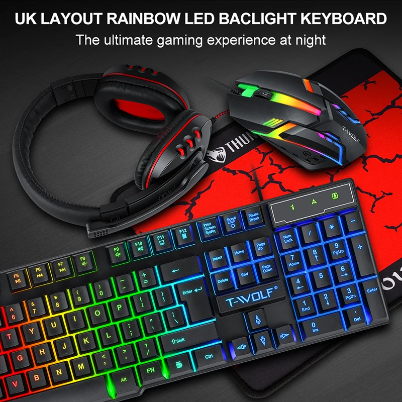 T-WOLF ゲーム4点セット TF800 発光マウス キー - Gaming Keyboard Mouse Set のレビューと価格